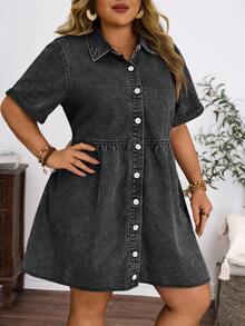 EMERY ROSE Plus Size Women's Vintage Washed Denim Snowflake Print Dress, Spring/Summer - Black - View 4
