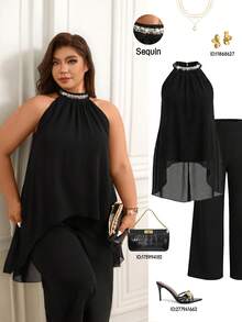 SHEIN CURVE+ بدلة نسائية مقاسات كبيرة مكونة من قطعتين، قميص بياقة حلقية مطوي ومرقع بترتر، وبنطال واسع الساق بخصر عالي فضفاض - الأسود - مشاهدة 3