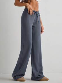 Women's Casual Solid Color Long Straight Leg Pants With Medium Stretch - Dark Blue - View 5