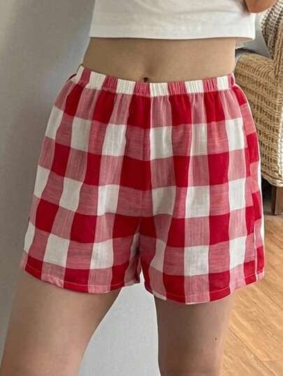 DAZY Quần pajama ngắn dáng rộng kẻ caro cho nữ, đồ ngủ mùa xuân/hè.