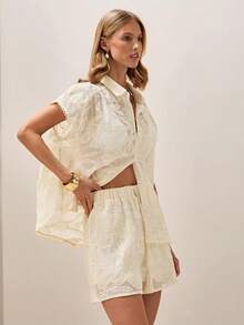 Briarwyn Bộ áo sơ mi và quần short trắng dệt jacquard, trang phục 2 mảnh rộng rãi thoải mái cho mùa hè. - Màu be - Xem 1