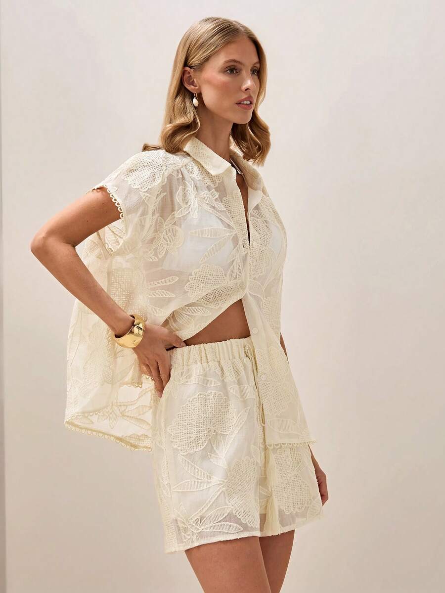 Briarwyn Bộ áo sơ mi và quần short trắng dệt jacquard, trang phục 2 mảnh rộng rãi thoải mái cho mùa hè. - Màu be - Xem 1