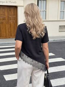 Easura Women's Summer Casual Fashionable Elegant Lace Patchwork Blouse, Plus Size - Black - View 2