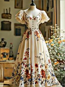 EMERY ROSE Women's Elegant Floral Print V-Neck Flutter Sleeve Cinched Waist Dress, Vacation Style - Multicolor - View 1