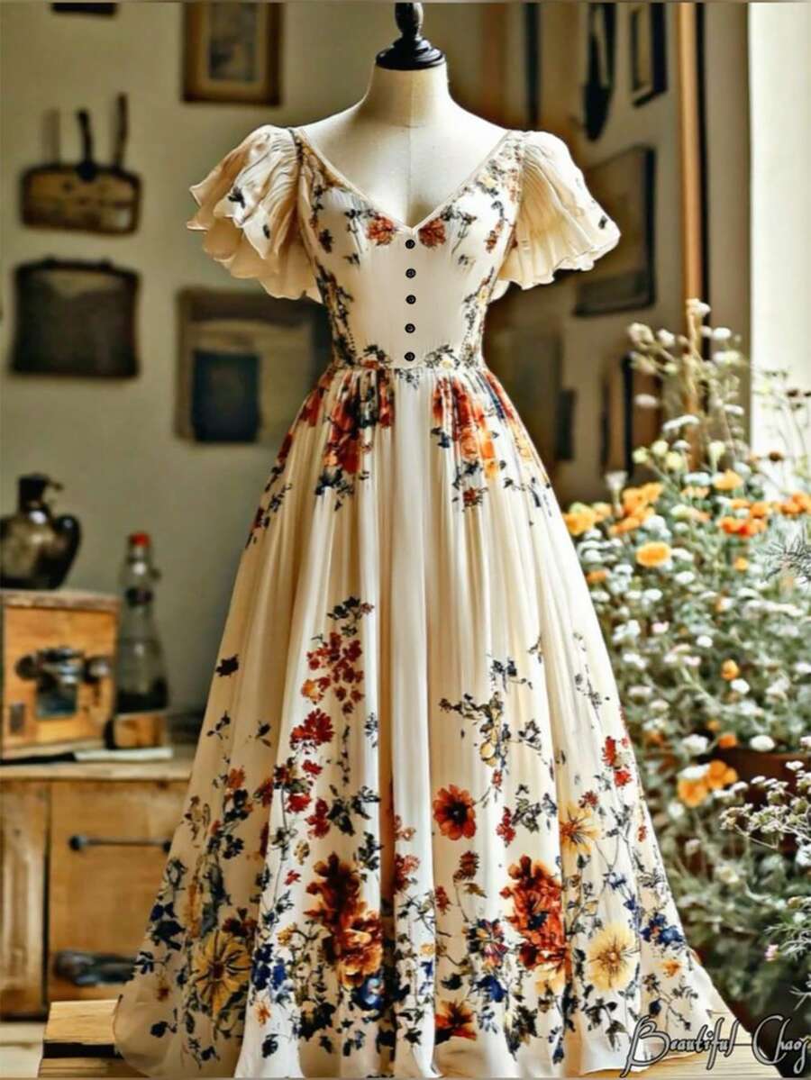 EMERY ROSE Women's Elegant Floral Print V-Neck Flutter Sleeve Cinched Waist Dress, Vacation Style - Multicolor - View 1