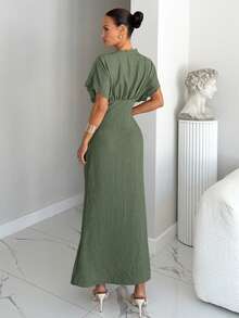 Siren Gaze Women's Lace Patchwork V-Neck Waist Cinched Dress - Green - View 2