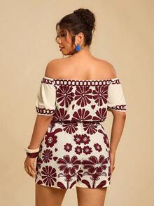 Travachic Plus Size Women's Blue & White Floral Print Romper, Off-Shoulder Short Sleeve Cinched Waist Jumpsuit, Casual Holiday Island Vacation Jumpsuit - Burgundy - View 2