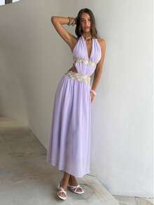 Aloruh Đầm dài màu hồng lãng mạn dành cho nữ, kiểu Bohemian, trang trí ruy băng, hở lưng gợi cảm. - Hồng - Xem 7