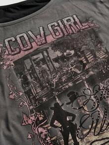 ROMWE Grunge Punk Grunge朋克复古印花西部牛仔图案不对称肩部二合一T恤（女款） - 灰色 - 查看 3