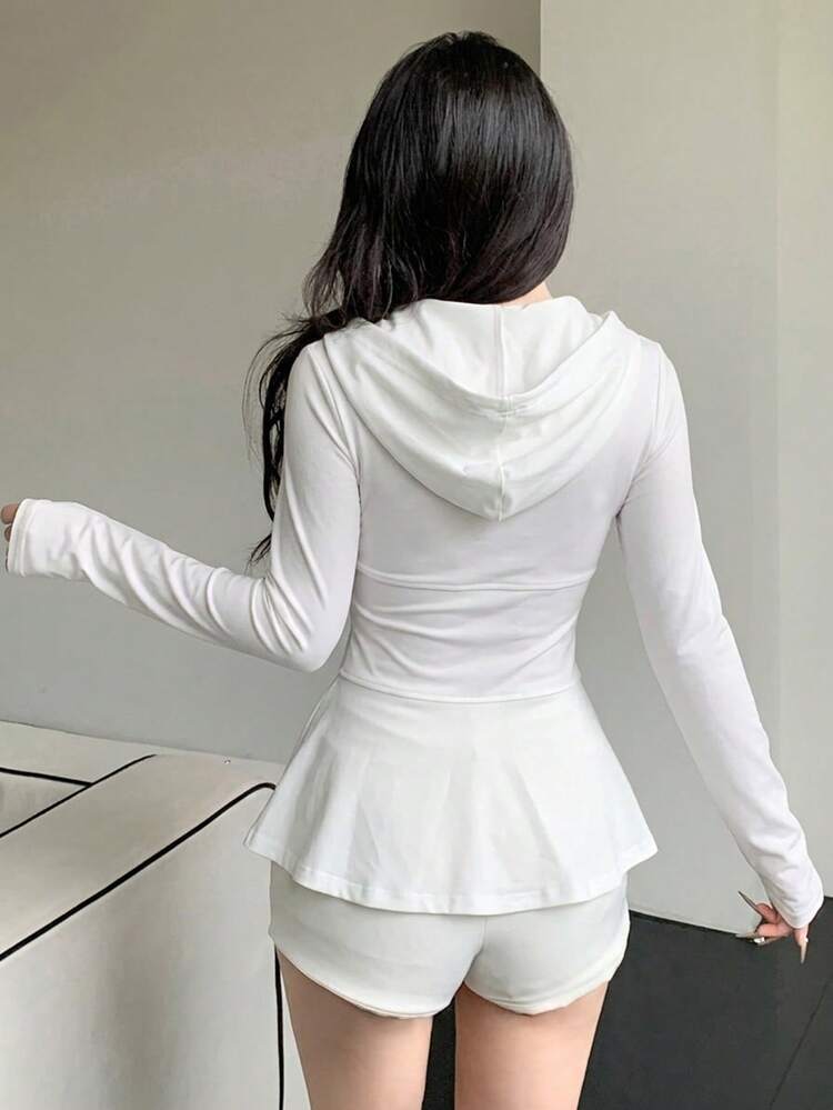 Plain Color Regular-Shoulder Long Sleeve Zipper Hooded Ruffle Hem Casual Fitted Sports Jacket