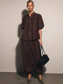 COSMINA Ensemble élégant 2 pièces pour femmes avec manches pétales plissées et coupe ample, polyvalent pour le printemps, l'été, l'automne, l'hiver, les trajets, le bureau, les sorties, les voyages de printemps, les vacances à la plage, la saison des mariages, invitée de mariage - Tabac - Voir 1