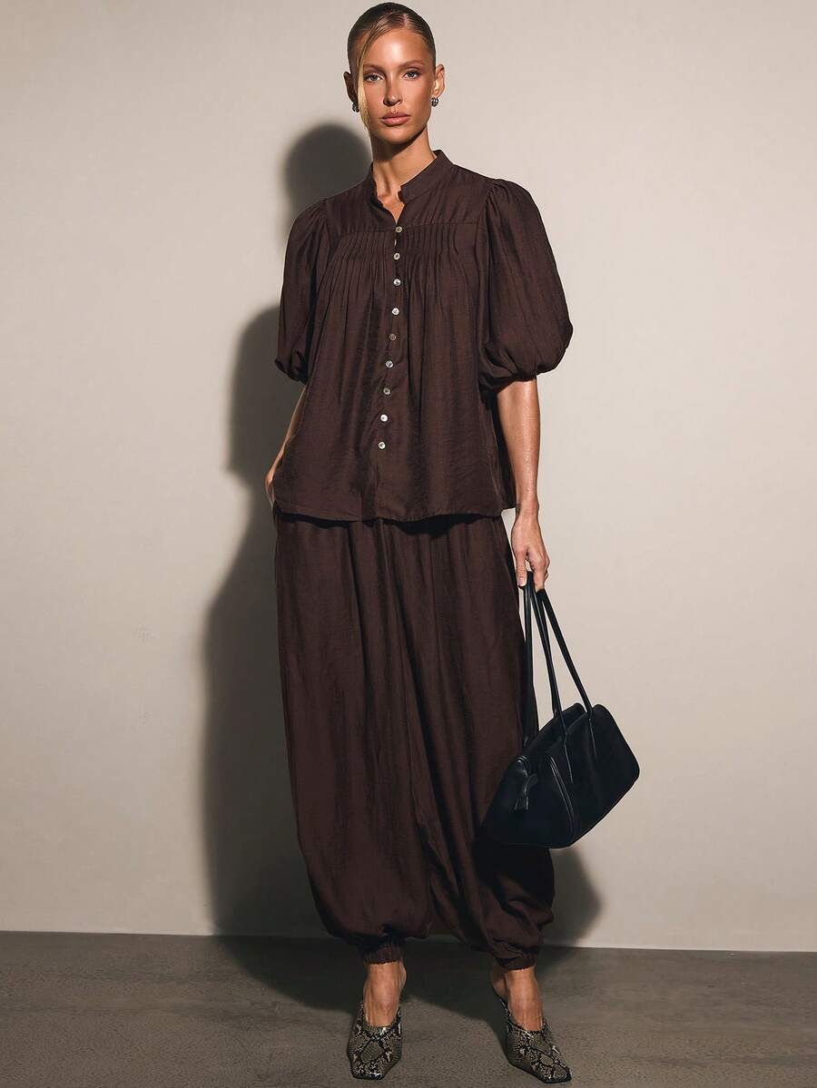 COSMINA Ensemble élégant 2 pièces pour femmes avec manches pétales plissées et coupe ample, polyvalent pour le printemps, l'été, l'automne, l'hiver, les trajets, le bureau, les sorties, les voyages de printemps, les vacances à la plage, la saison des mariages, invitée de mariage - Tabac - Voir 1