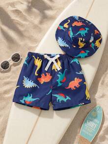 SHEIN Bộ đồ bơi và mũ cho bé trai in hình hoạt hình, có dây rút ở eo, thích hợp cho kỳ nghỉ hè và đi biển. - Nhiều màu - Xem 3