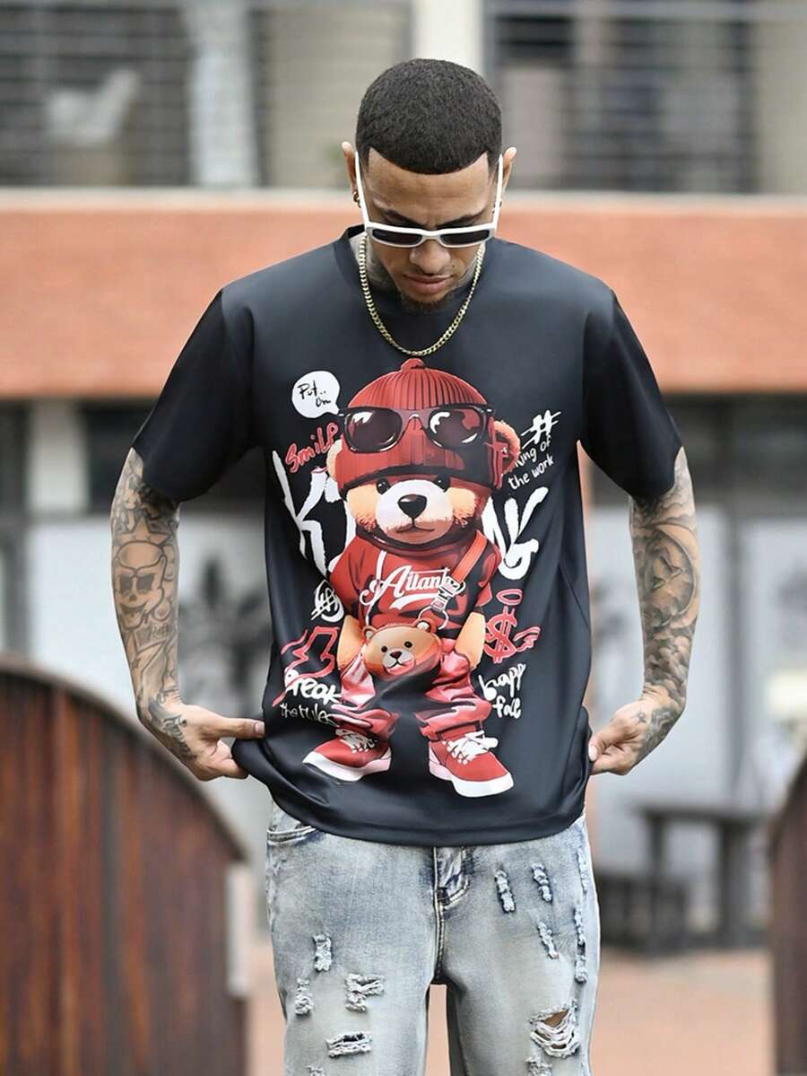 Devon Thys Punk Bär 3D Digital Muster Cartoon Bär Muster Herren T-Shirt, bequemes Kurzarm Pullover Top, Herren Outdoor Bekleidung - Rot - Übersicht 1