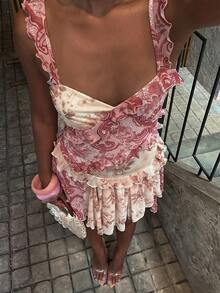 女士印花褶皱休闲度假约会迷你吊带裙 - 彩色 - 查看 6