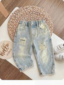 SHEIN Baby Boy Vintage Washed Blue Denim Ripped Tapered Jeans Summer Festival Beach - Light Wash - View 7