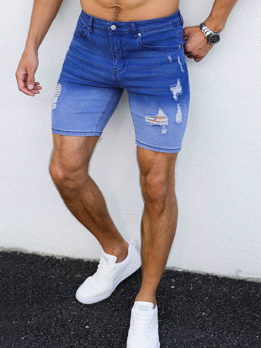 EGENSIO Quần short jean bó rách dành cho nam - Màu xanh lam - Xem 1