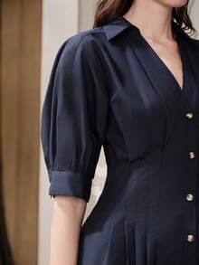 Aveloria Modichic New Commuting Elegant Mandarin Collar Petal Sleeve Silk-Like Midi Shirt Dress - Navy Blue - View 5