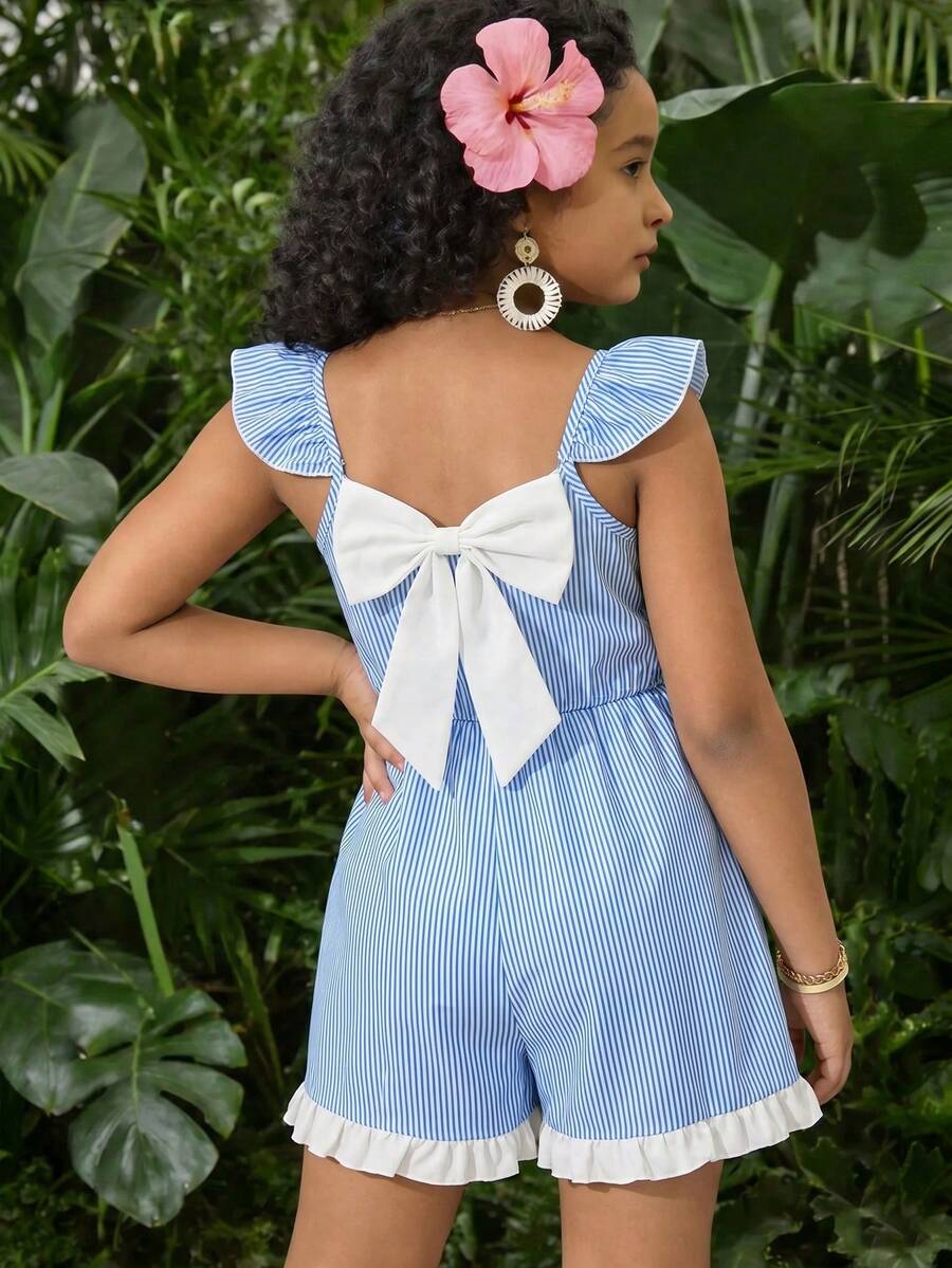 Girls' Blue And White Striped Summer Romper,Cute Flutter Sleeve Ruffle Trim V-Back With Bow,Elastic Waist Vacation Holiday Outing Youthful Romper - Blue - View 1