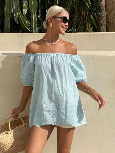 Livesso Blusa elegante e alla moda da donna, a maniche corte e spalle scoperte, in colore unito, per l'estate
