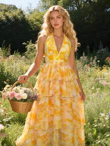 SHEIN Glamour Đầm voan nữ, đầm vàng, chân váy xếp tầng, đầm dài dự tiệc, đầm đi biển, trang phục mùa hè - Màu vàng - Xem 5