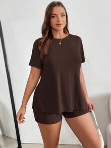 SHEIN Essnce 大码女式休闲短袖T恤和短裤两件套 - 巧克力棕 - 查看 5