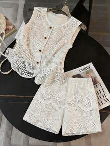 Formidée Plus Size Women Casual Elegant Lace Sheer Front Button Top And Shorts 2 Pieces Set - Apricot - View 3