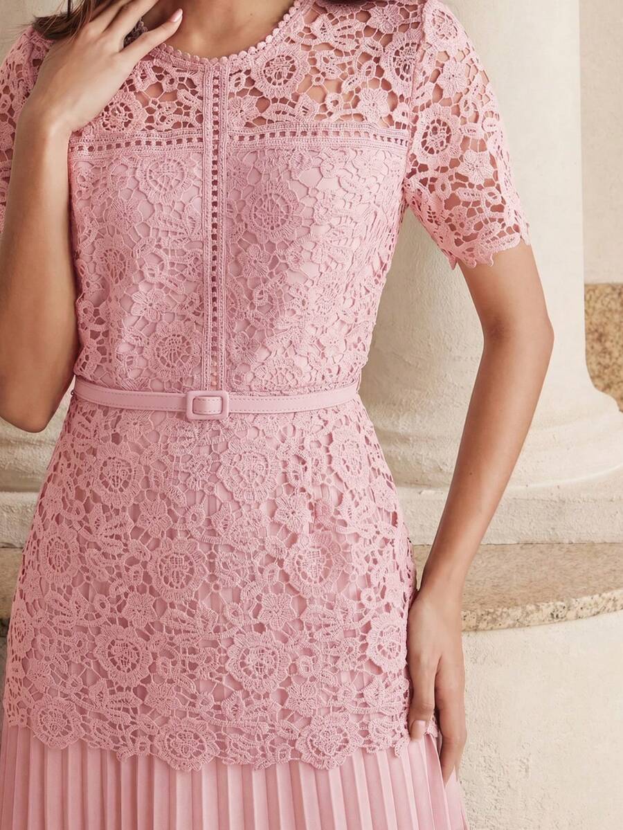 Anewsta New Elegant Lace Patchwork Pleated Hem Design Soft Pink Dress, Summer Dresses For Women, Dresses Tea Party - Pink - View 1