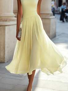 SHEIN Raffinéa Elegant Minimalist Fashion Date/Commute Fitted Sleeveless Round Neck Chiffon Dress For Women - Light Yellow - View 5