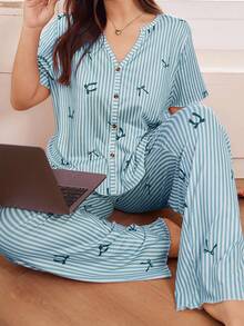 SHEIN 柔软亲肤条纹蝴蝶结印花睡衣套装 - 藍色 - 查看 1