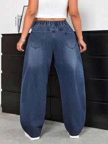 SHEIN ICON Plus Size Casual Everyday Washed Slant Pocket Loose Fit Jeans - Blue - View 2