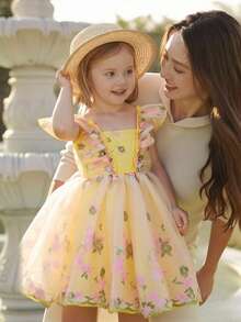 SHEIN Glamorique Kids 女婴公主裙,精美刺绣网纱裙摆,荷叶边领口,清新可爱,适合生日、婚礼、节日等场合。 - 黃色 - 查看 9