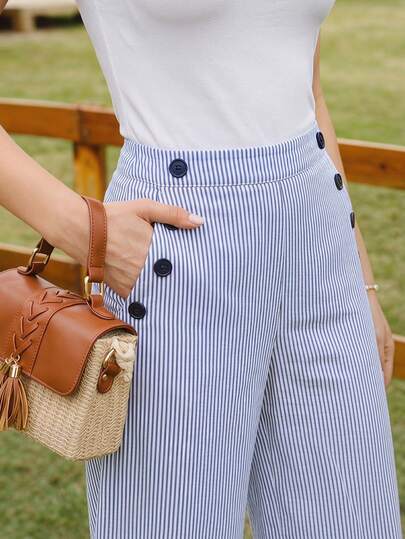 Vintamour Vintage Classic Elegant Women's Pants, Fitted Button Pocket Straight Leg Trousers, Coffee Color, Suitable For Summer & Autumn