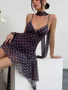 Aloruh Women's Polka Dot Print Asymmetric Hem Cami Mini Dress - Brown - View 3