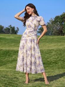 Modelyn 女款領結花卉印花優雅抓皺腰褶皺洋裝 - 彩色 - 查看 5