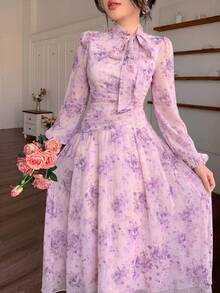 Modelyn 女士蓝色系带领褶皱腰身连衣裙，适合春秋季户外穿着 - 紫色 - 查看 7