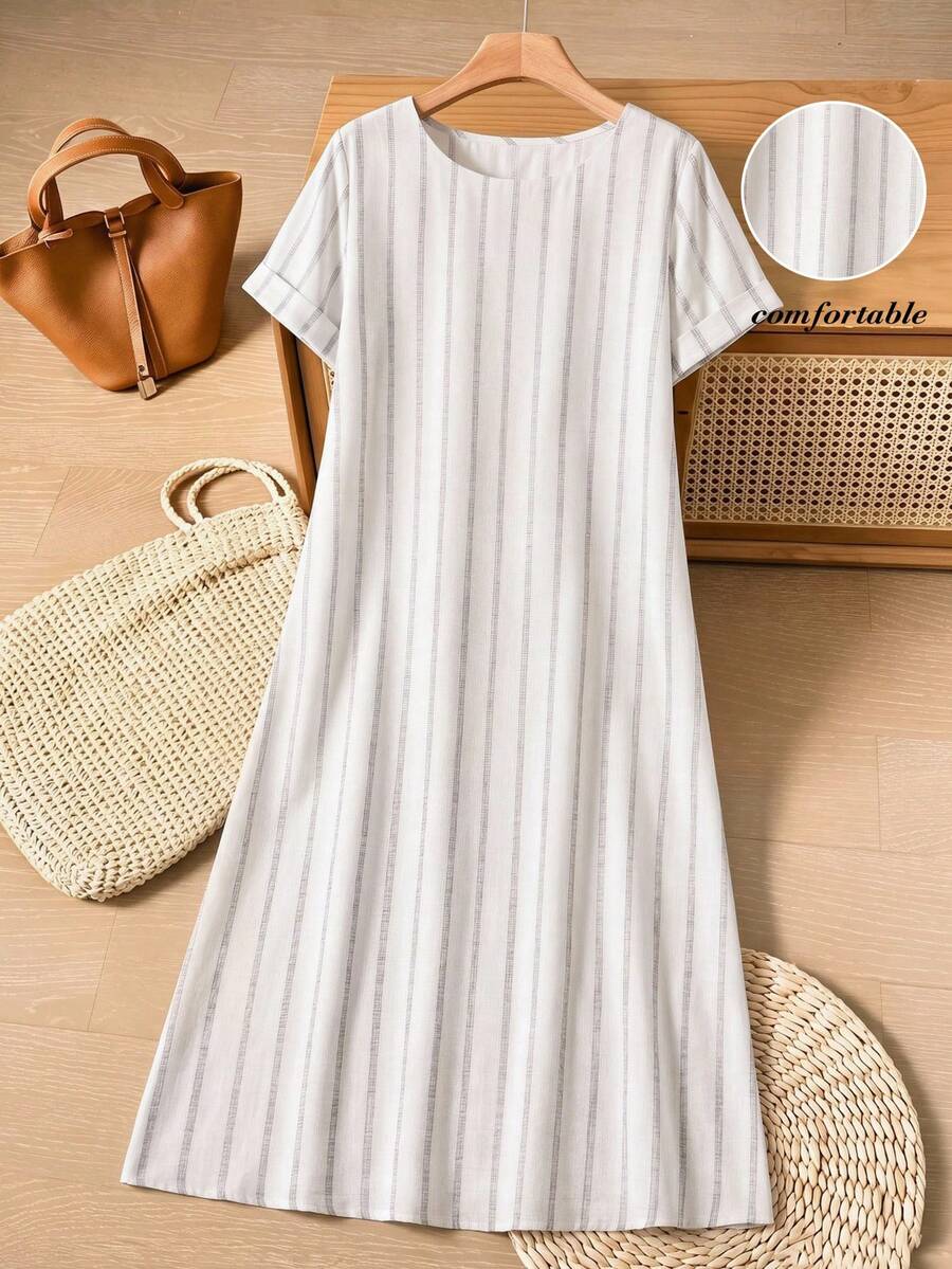 Rusticease Women's Round Neck Striped Casual Daily Summer Dress - White - View 1