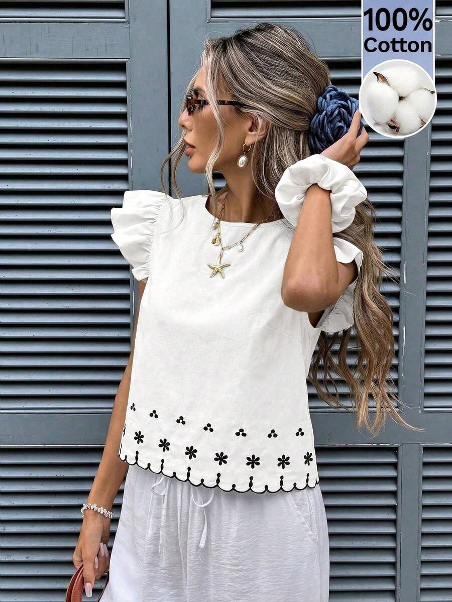 Serisse Women's Floral Print Round Neck Cap Sleeve Blouse,Summer Top Elegant - White - View 1