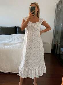 DAZY Sweet Ditsy Floral Sleeveless Dress, Women Summer Nightgown Pajamas - White - View 4