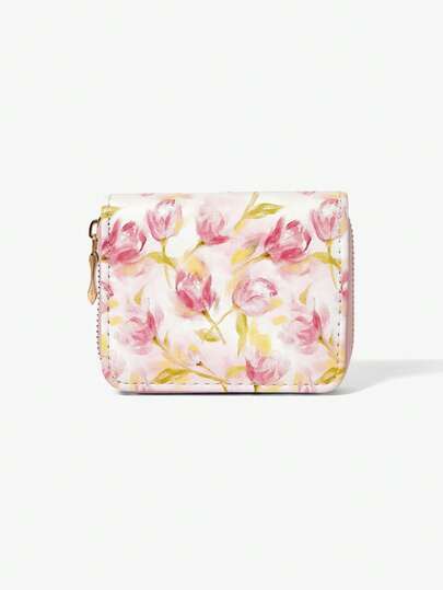 Viva Strut 1740436 1 Piece, Pink Flower Short Minimalist Style Zipper Coin Wallet, Suitable For Women