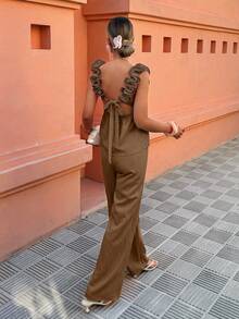 Flora Isola Flora Isola Black Ruffled Tube Top & Pants Two Pieces Set - Versatile For Casual/Office/Vacation Wear (Spring & Summer, Regular Sizes) - Brown - View 5