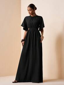 Zivah Elegant Sexy Casual Jamican Pastal Summer Vacation Maxi Dress Women's Loose Round Neck Short Sleeve Ruffle Hollow Waist Linen Textured Boho Long Black - Black - View 3