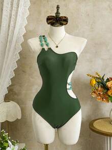 Swim Vcay Solid Color One-Piece Swimsuit, Strapless, Wire-Free, Elegant Beach Vacation Casual Style, Spring/Summer - Dark Green - View 3
