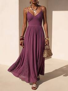 Zivah 2026 Spring/Summer New Dark Purple Lace Patchwork A-Line Long Dress,Boho Summer Holiday Vacation,Suitable For Music Festivals,Beach & Wedding Guest - Purple - View 2