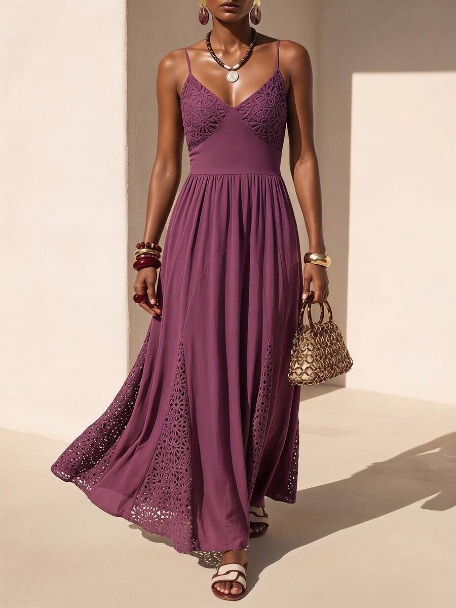 Zivah 2026 Spring/Summer New Dark Purple Lace Patchwork A-Line Long Dress,Boho Summer Holiday Vacation,Suitable For Music Festivals,Beach & Wedding Guest
