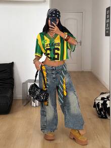 Coolane 女士夏季运动服基础款 Y2K 数字图案撞色蕾丝 V 领针织宽松 T 恤 - 彩色 - 查看 3