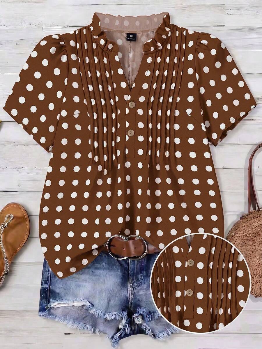 SHEIN LUNE Plus Size Heart Print Fabric Ruffle Collar V-Neck Front Opening Puff Sleeve Short Sleeve Women Blouse, Suitable For Valentine's Day - Brown - View 1