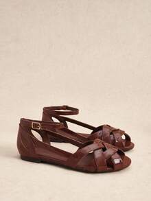 Rosivie Women's Woven Hollow Sandals, Square Toe Retro Roman Style, Patent Leather Brown One-Button Flat Sandals, Daily Commuter Vacation Beach Shoes Summer Shoes - Lacquer brown - View 8