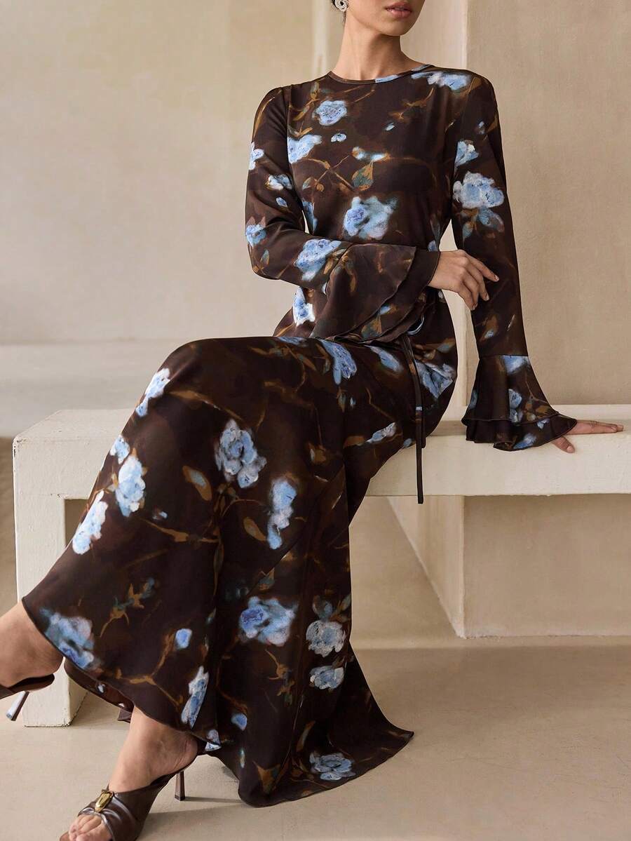 Graceveil 女士碎花荷叶边下摆连衣裙 - 咖啡棕 - 查看 1