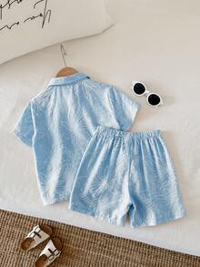 SHEIN 2pcs Kids/Young Boy Summer Casual Holiday Shirt And Shorts Set, Holiday Outfit, Boys Summer Set - Blue - View 2